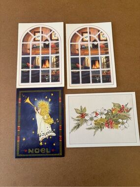 Set of 4 Vintage Holiday Greeting Cards - Fireplace, Angel, Floral